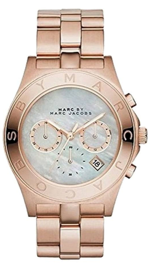 Marc Jacobs Blade Chronograph Mother of Pearl White Dial Rose Gold Steel Strap Watch for Women - MBM8637