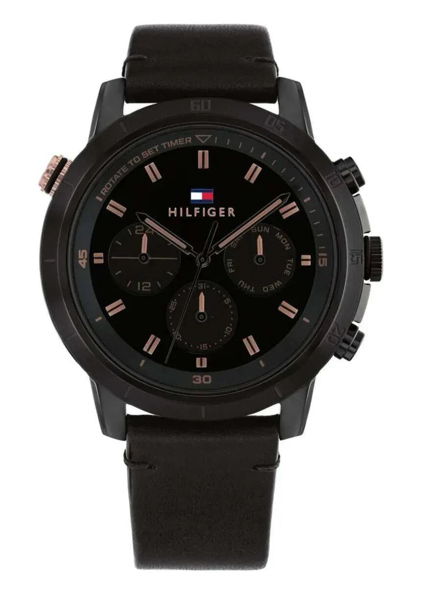 Tommy Hilfiger Troy Chronograph Black Dial Black Leather Strap Watch For Men - 1792110