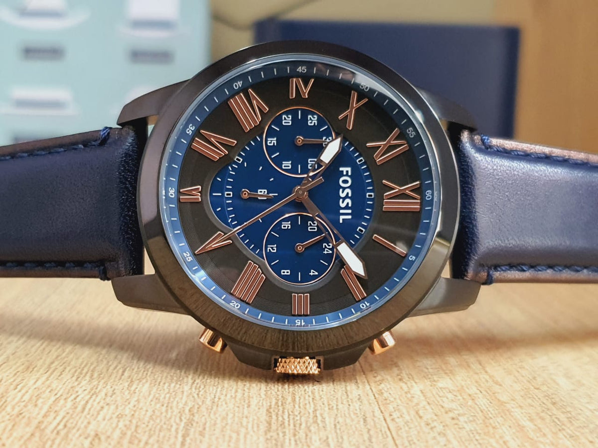 Fossil Grant Chronograph Black Dial Blue Leather Strap Watch for Men - FS5061