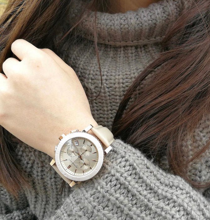 Burberry Chronograph Rose Gold Dial Beige Leather Strap Watch for Women - BU9704