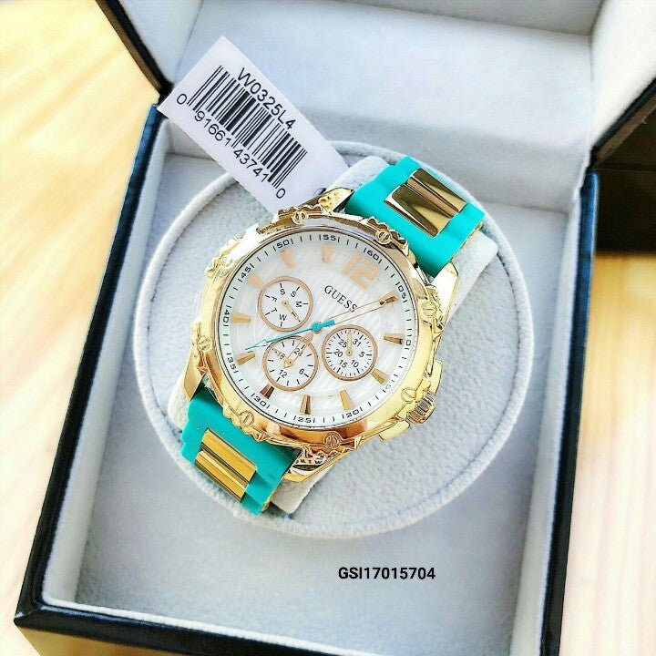 Guess Intrepid 2 Silver Dial Two Tone Rubber Strap Watch For Women - W0325L4