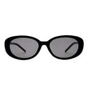 Gucci black oval sunglasses with dark tinted lenses and slim frames