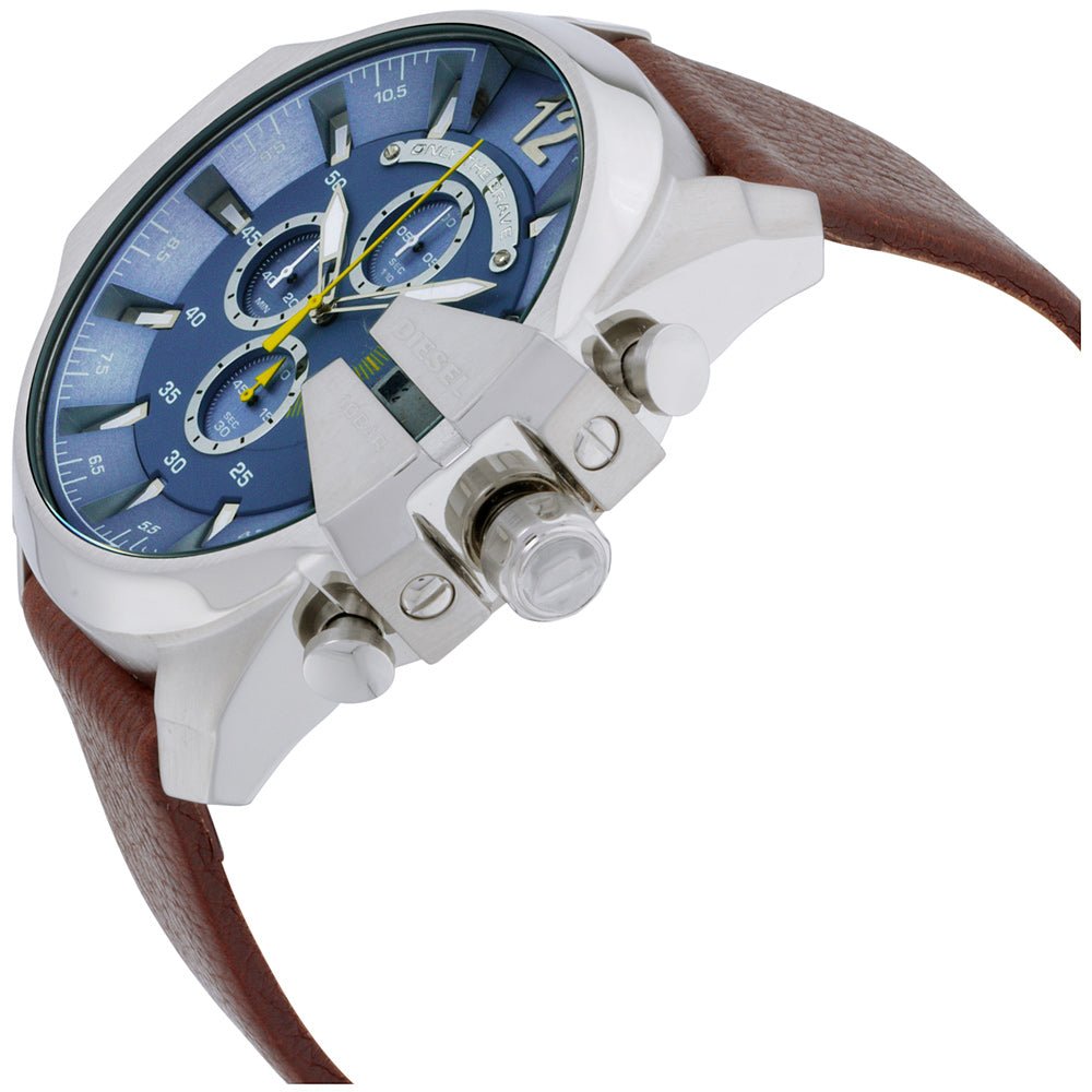 Diesel Mega Chief Chronograph Blue Dial Brown Leather Strap Watch For Men - DZ4281