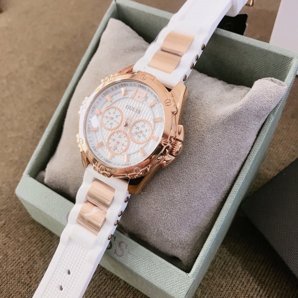 Guess Intrepid White Dial Two Tone Silicone Strap Watch For Women - W0325L6