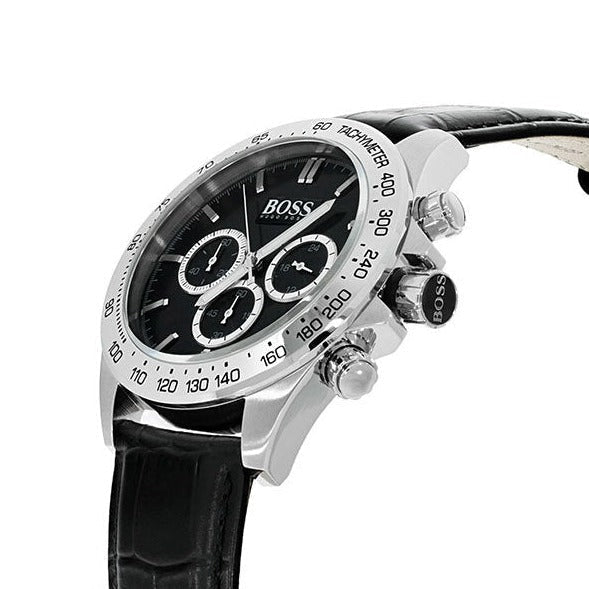 Hugo Boss Ikon Chronograph Black Dial Black Leather Strap Watch for Men - 1513178