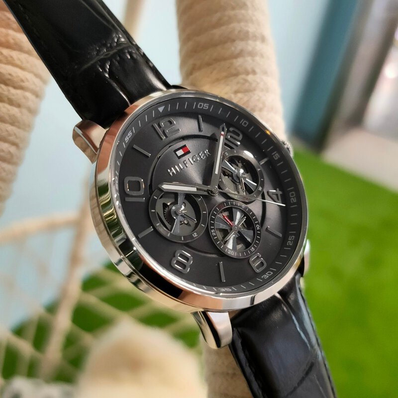 Tommy Hilfiger Keagan Quartz Grey Dial Black Leather Strap Watch for Men - 1791289