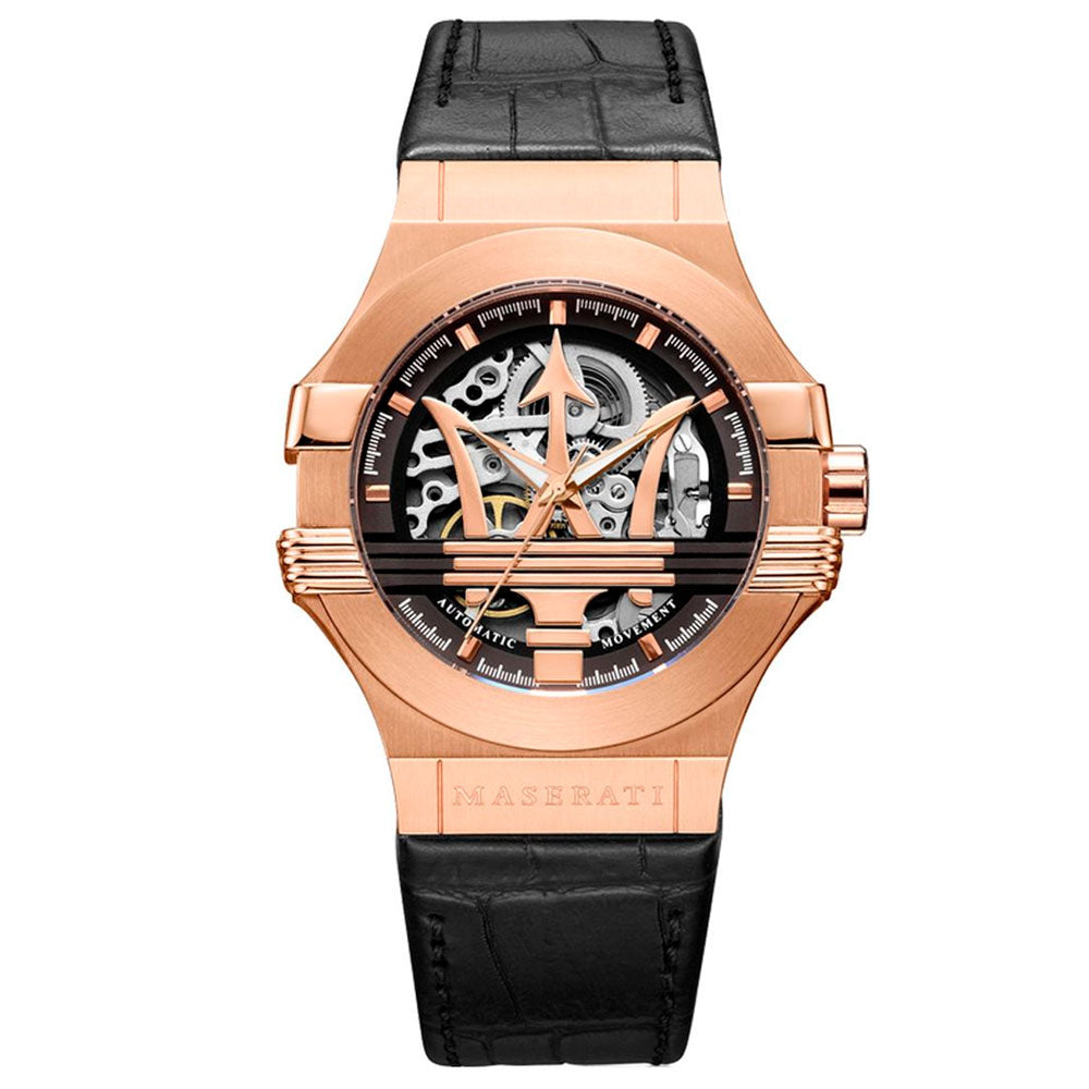 Maserati Potenza Automatic Rose Gold Dial Black Leather Strap Watch For Men - R8821108002