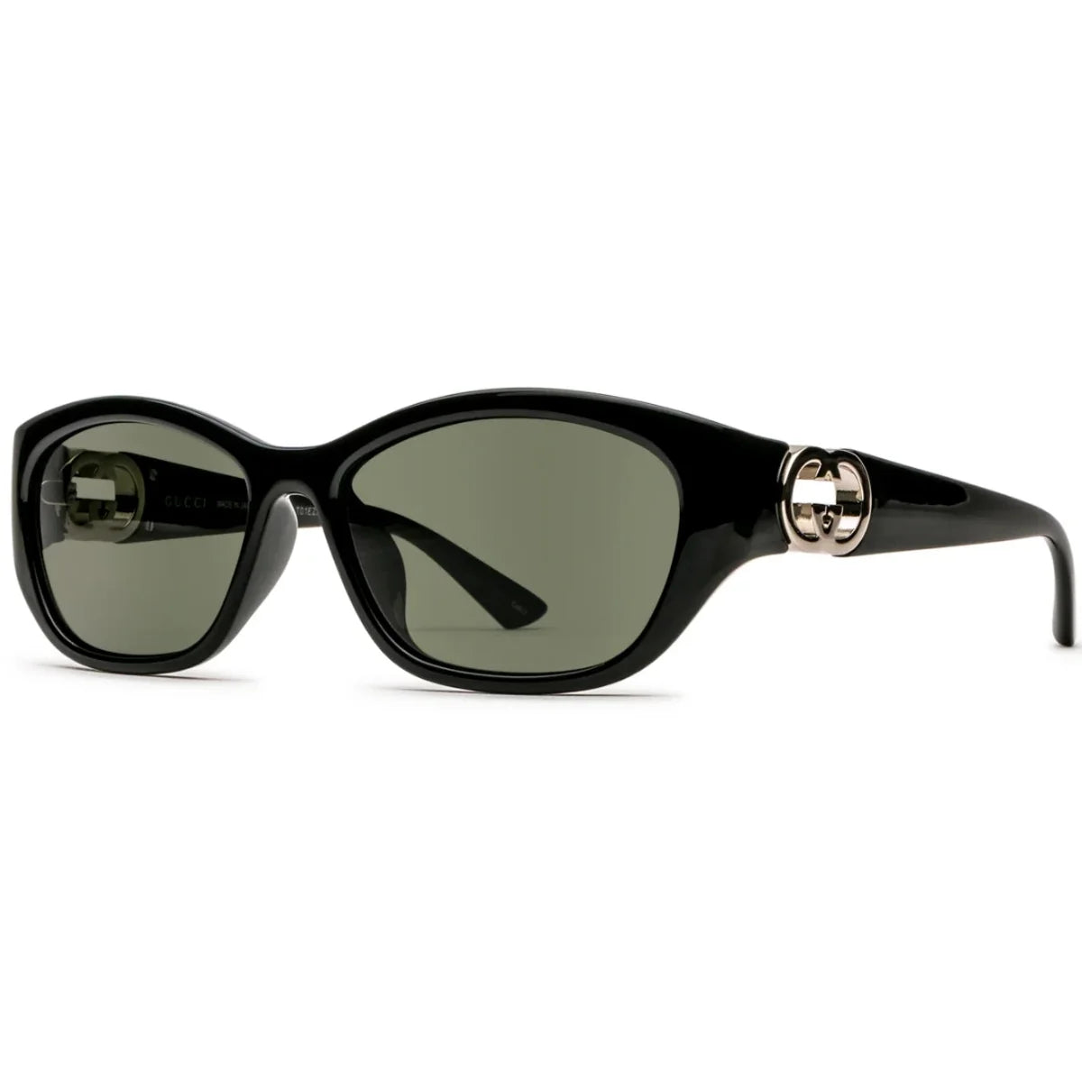 Luxury black oversized sunglasses with dark lenses and gold logo detail