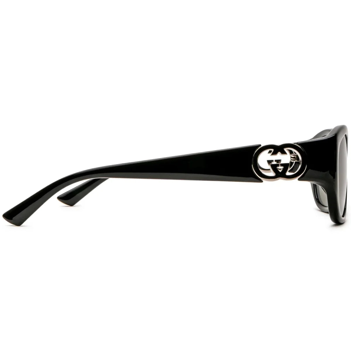 Side view of premium black luxury sunglasses with a gold interlocking logo detail.