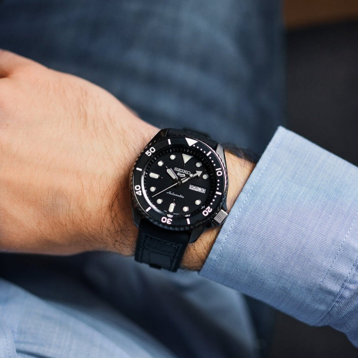 Seiko 5 Sport Automatic Black Dial Black Silicone Strap Watch For Men - SRPD65K3