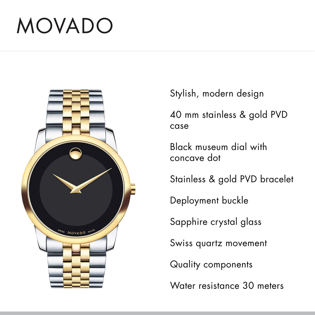Movado Museum Classic Black Dial Two Tone Steel Strap Watch For Men - 606899