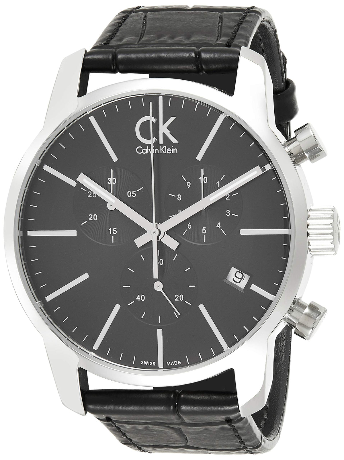 Calvin Klein City Chronograph Black Dial Black Leather Strap Watch for Men - K2G271C3