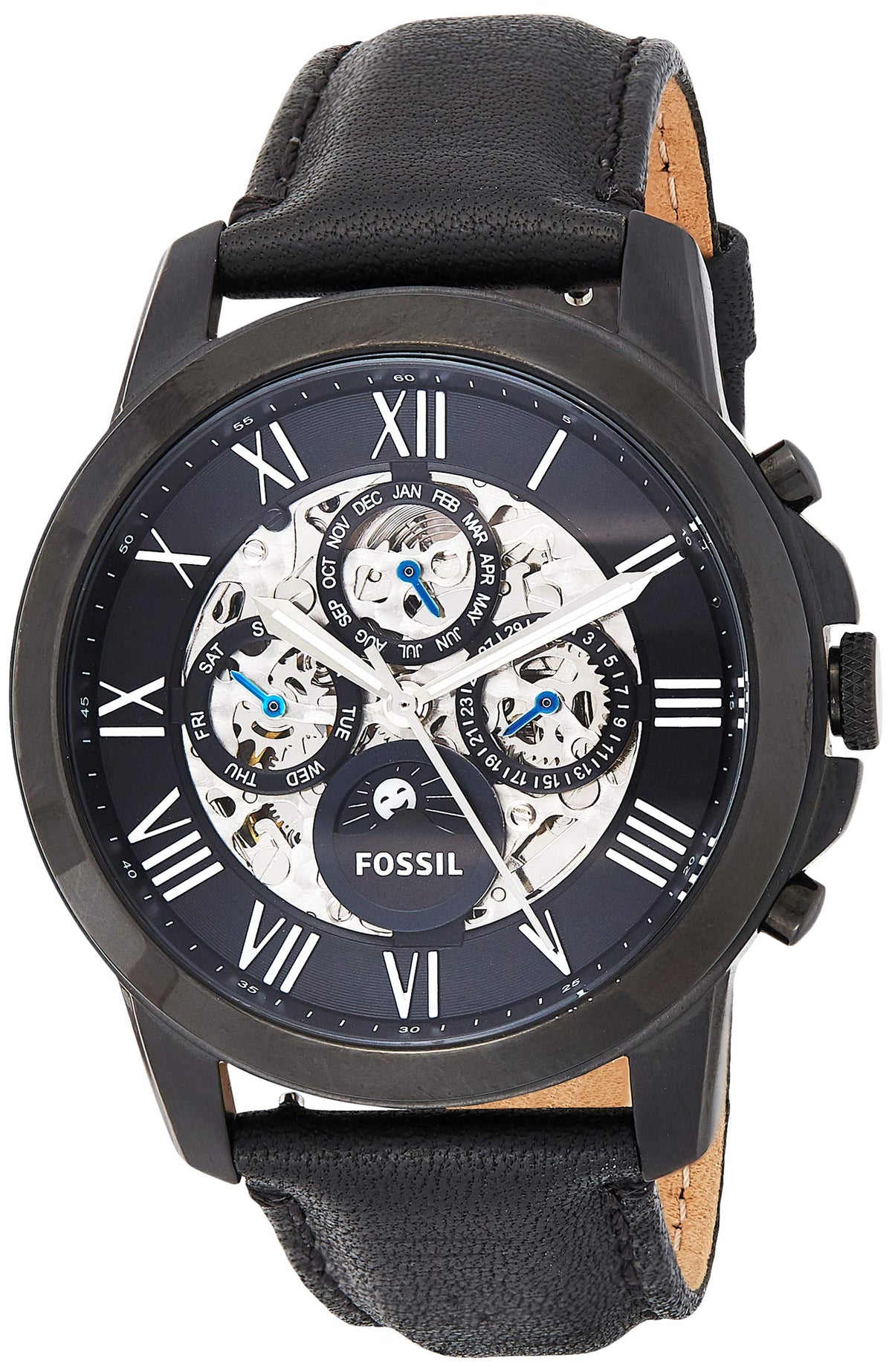 Fossil Grant Automatic Chronograph Black Dial Black Leather Strap Watch for Men - ME3028