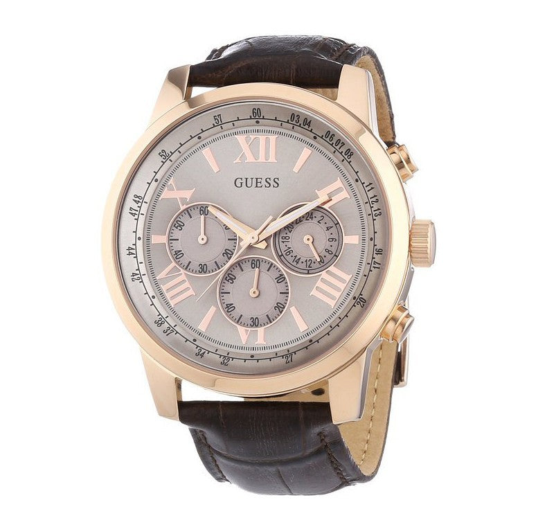 Guess Horizon Quartz Champagne Dial Brown Leather Strap Watch For Women - W0380G4