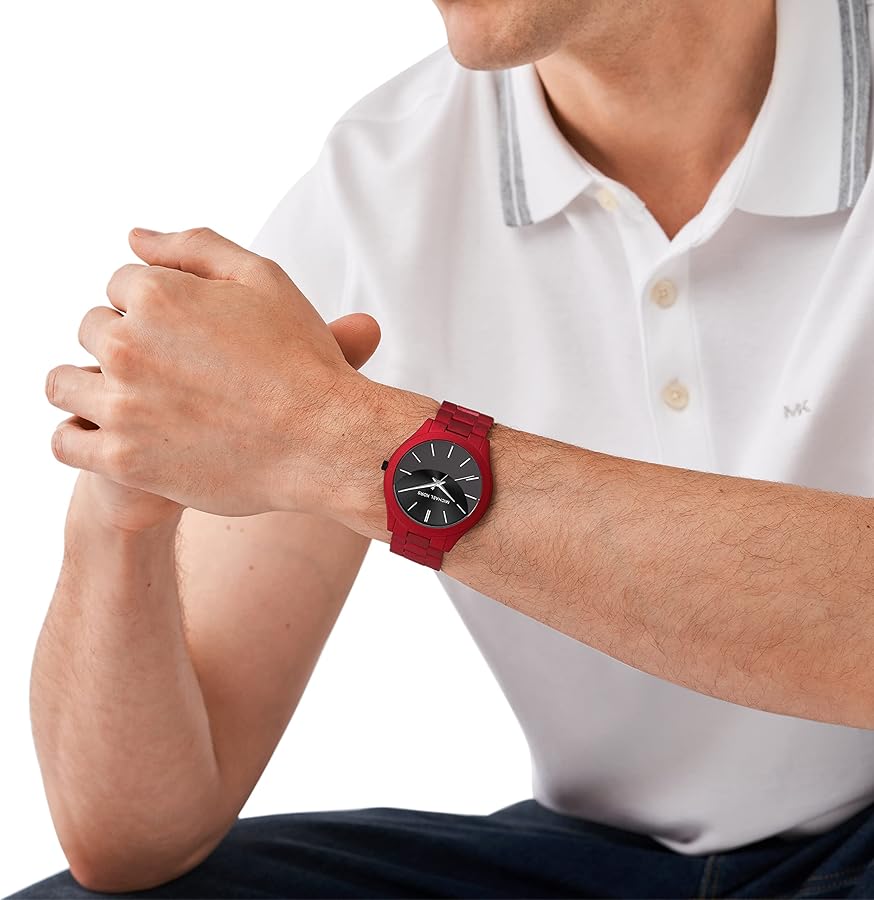 Michael Kors Slim Runway Quartz Black Dial Red Steel Strap Watch for Men - MK8712