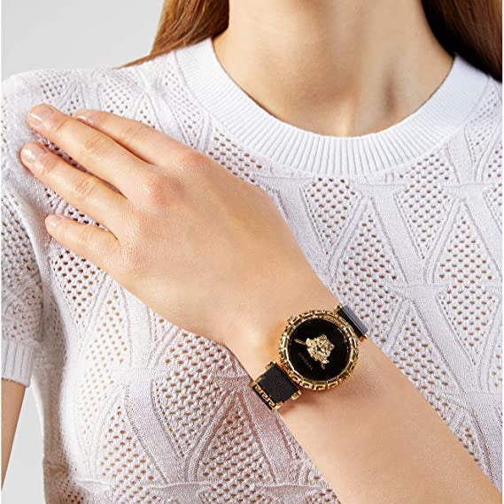 Versace Palazzo Empire Greca Black Dial Black Leather Strap Watch for Women - VEDV00119