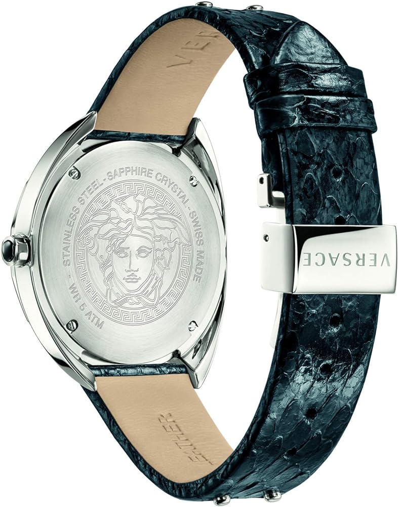 Versace Shadov Quartz Silver Dial Black Snake Leather Strap Watch for Women - VEBM00118