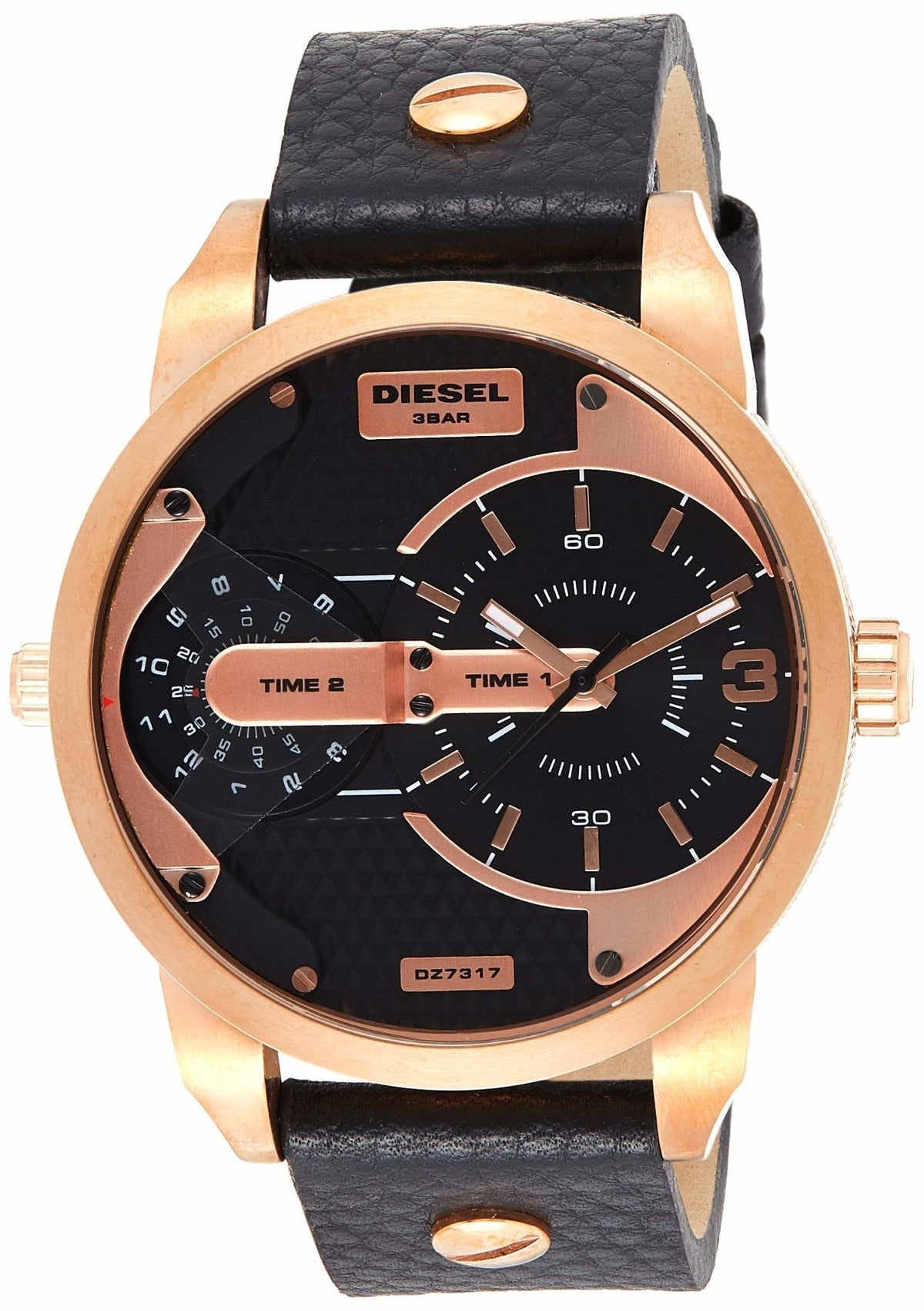 Diesel Mini Daddy Dual Time Black & Gold Dial Black Leather Strap Watch For Men - DZ7317