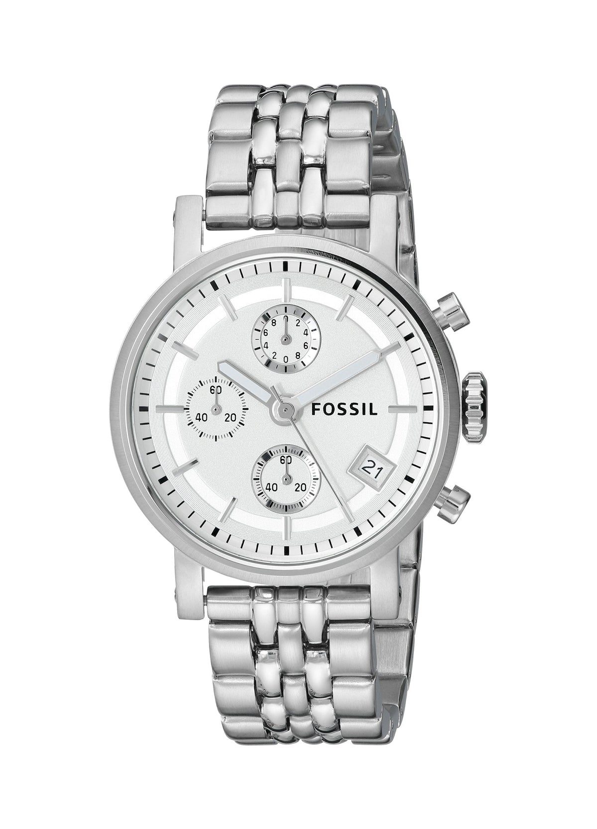 Fossil Boyfriend Chronograph Silver Dial Silver Steel Strap Watch for Women - ES2198