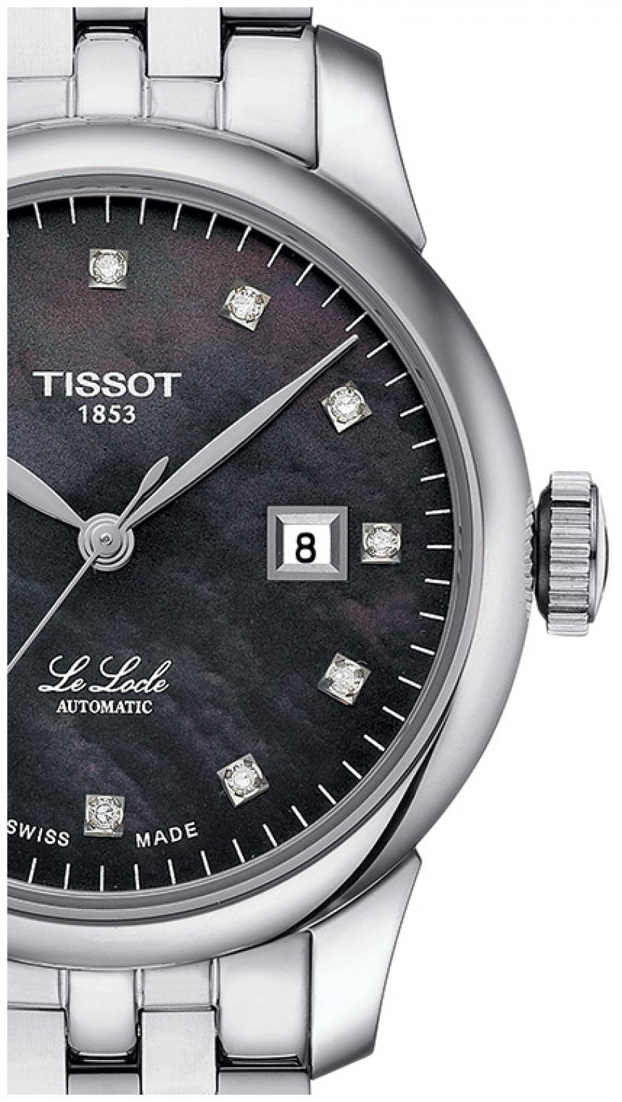 Tissot Le Locle Automatic Diamonds Mother of Pearl Black Dial Silver Steel Strap Watch For Women - T006.207.11.126.00