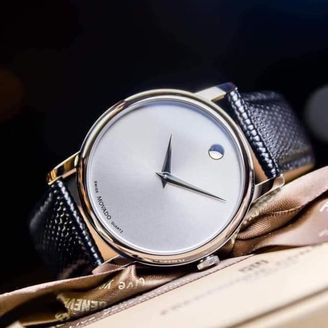 Movado Museum Quartz Silver Dial Black Leather Strap Watch For Men - 2100001
