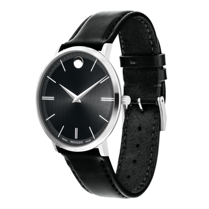 Movado Ultra Slim Black Dial Black Leather Strap Watch For Men - 0607086