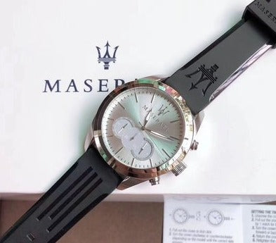 Maserati Traguardo Chronograph Silver Dial Black Rubber Strap Watch for Men - R8871612012