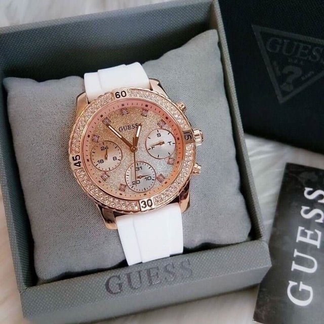 Guess Confetti Crystal Rose Gold Dial White Silicone Strap Watch For Women - W1098L5