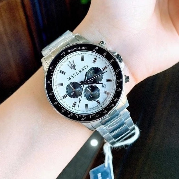 Maserati SFIDA Chronograph White Dial Silver Steel Strap Watch For Men - R8873640003
