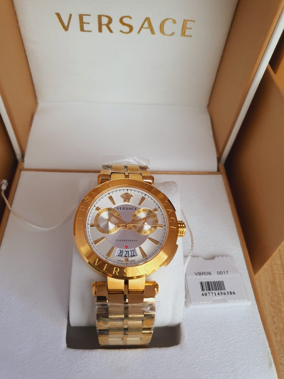Versace V Racer Chronograph White Dial Gold Steel Strap Watch for Men - VBR060017