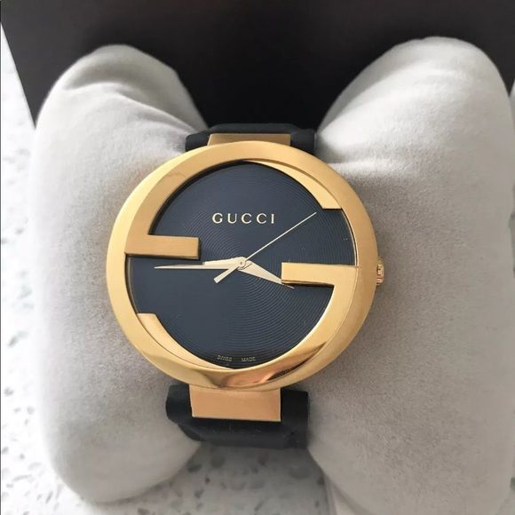 Gucci Interlocking G Gold Black Dial Black Leather Strap Unisex Watch - YA133326