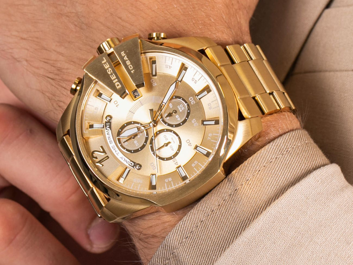 Diesel Mega Chief Chronograph Gold Dial Gold Steel Strap Watch For Men - DZ4360