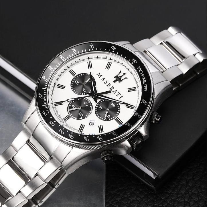 Maserati SFIDA Chronograph White Dial Silver Steel Strap Watch For Men - R8873640003