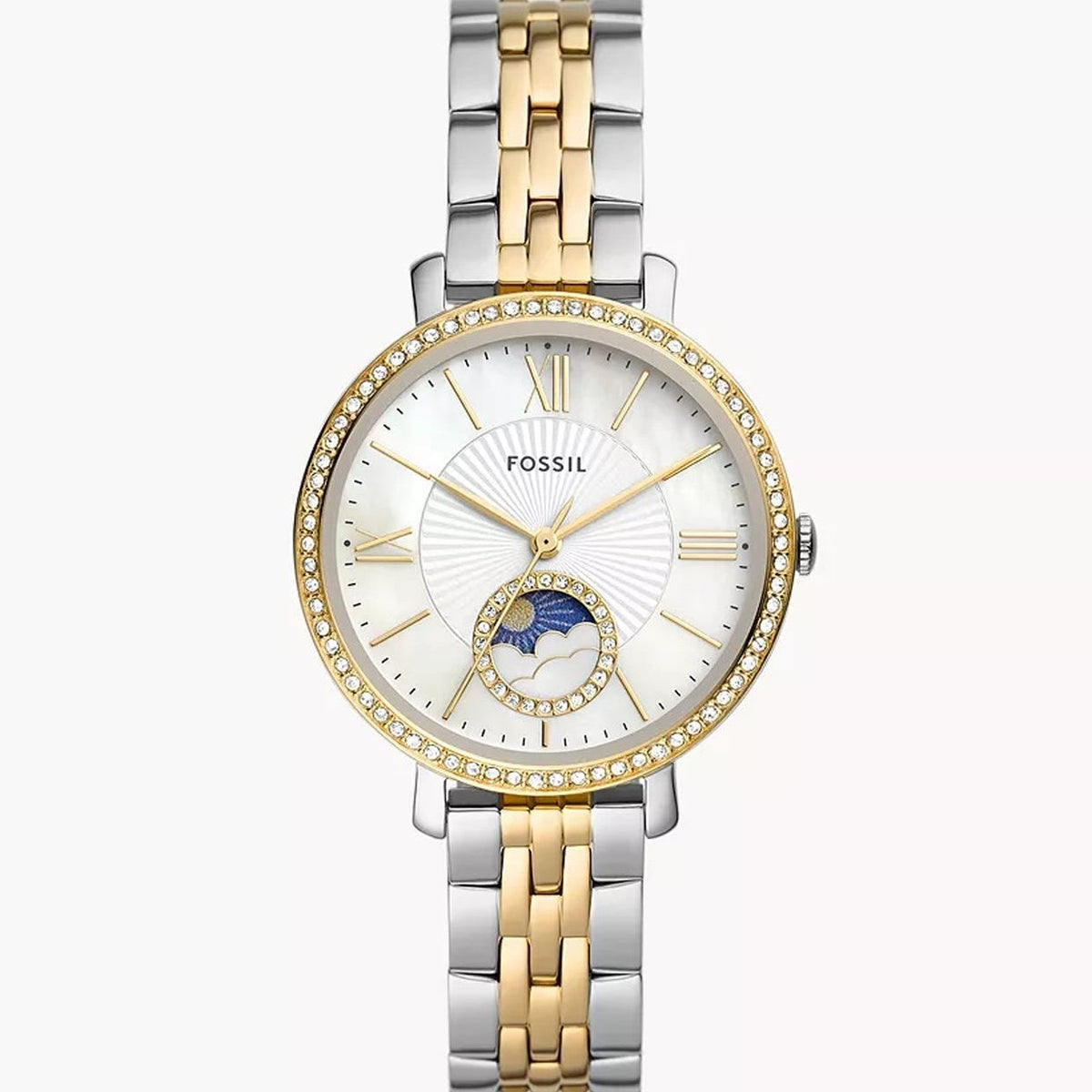 Fossil Jacqueline Analog Moonphase Mother of Pearl White Dial Two Tone Steel Strap Watch for Women - ES5166