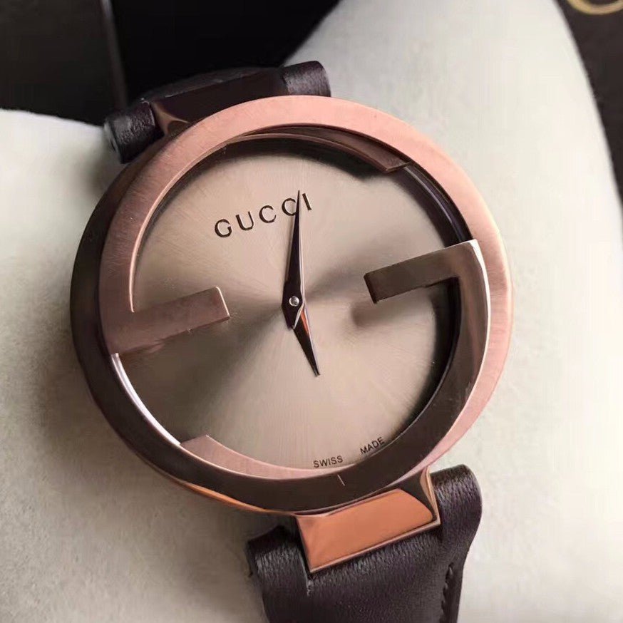 Gucci Interlocking Iconic Brown Dial Brown Leather Strap Watch For Women - YA133207