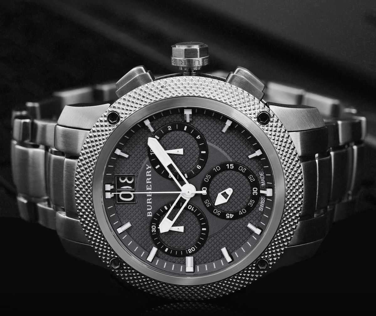 Burberry Utilitarian Chronograph Black Dial Silver Steel Strap Watch For Men - BU9800