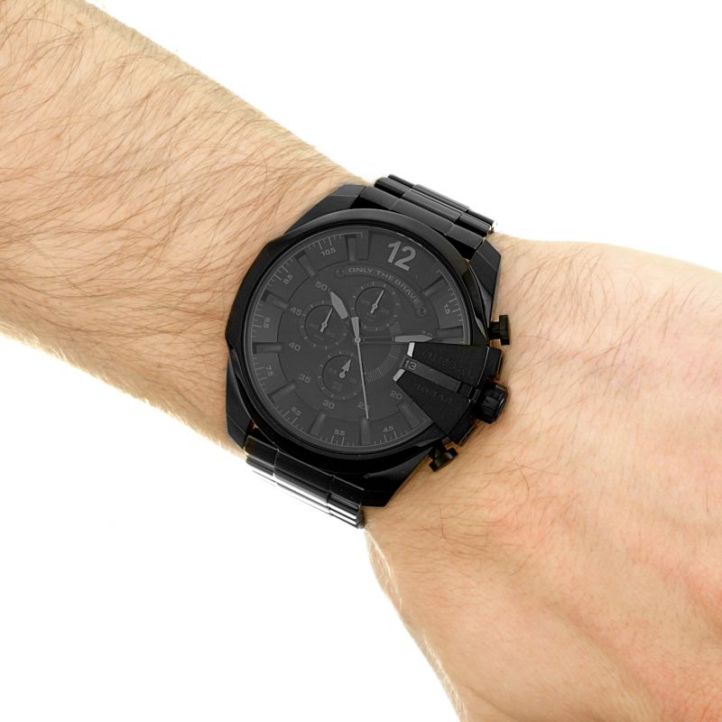 Diesel Mega Chief Chronograph Black Dial Black Steel Strap Watch For Men - DZ4355