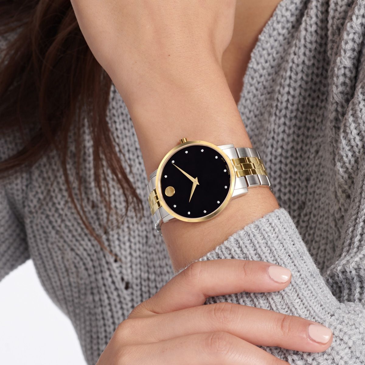 Movado Museum Classic Diamonds Black Dial Two Tone Steel Strap Watch for Men - 0607202