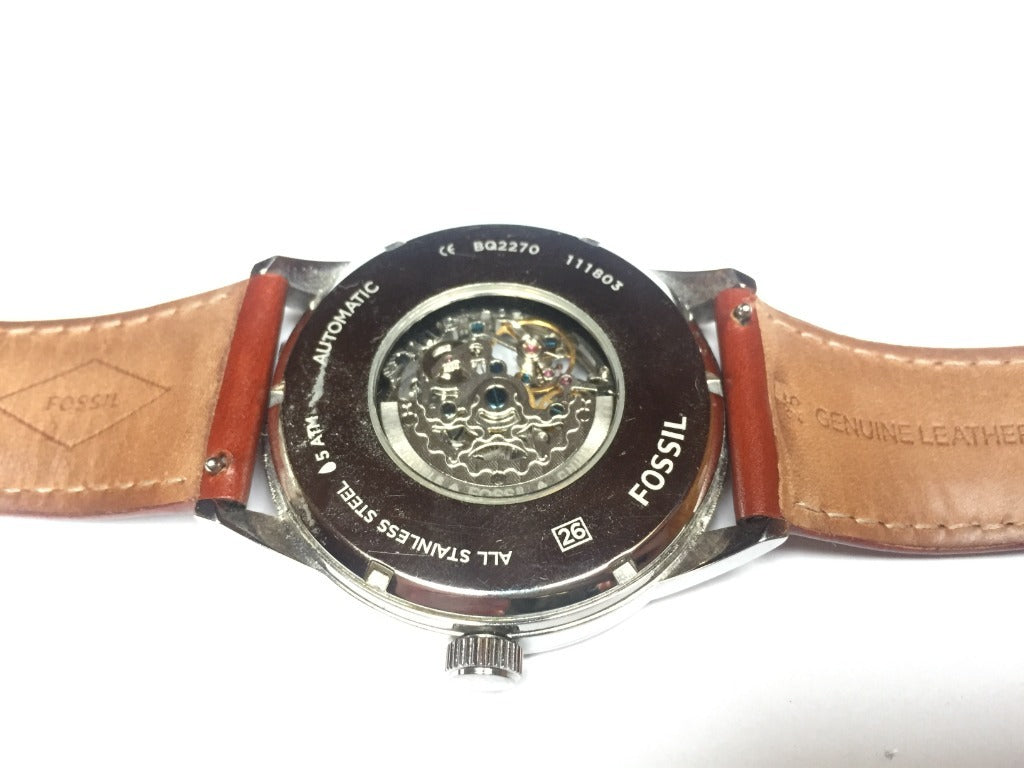 Fossil Flynn Automatic Black Dial Brown Leather Strap Watch for Men - BQ2270