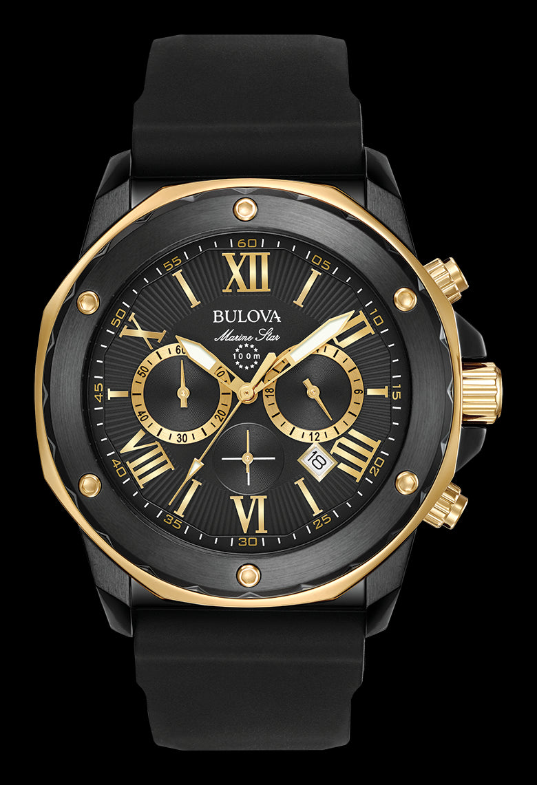 Bulova Marine Star Chronograph Black Dial Black Rubber Strap Watch for Men - 98B278