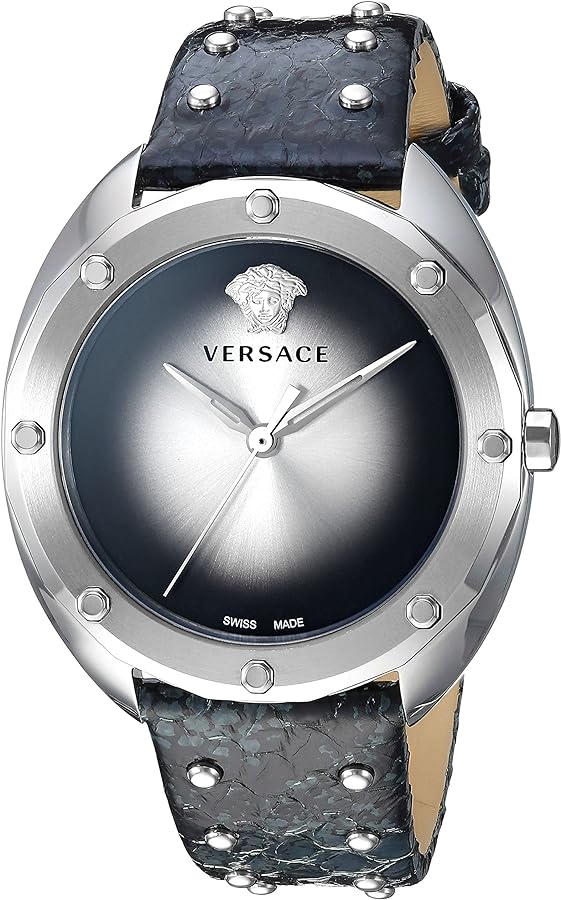 Versace Shadov Quartz Silver Dial Black Snake Leather Strap Watch for Women - VEBM00118