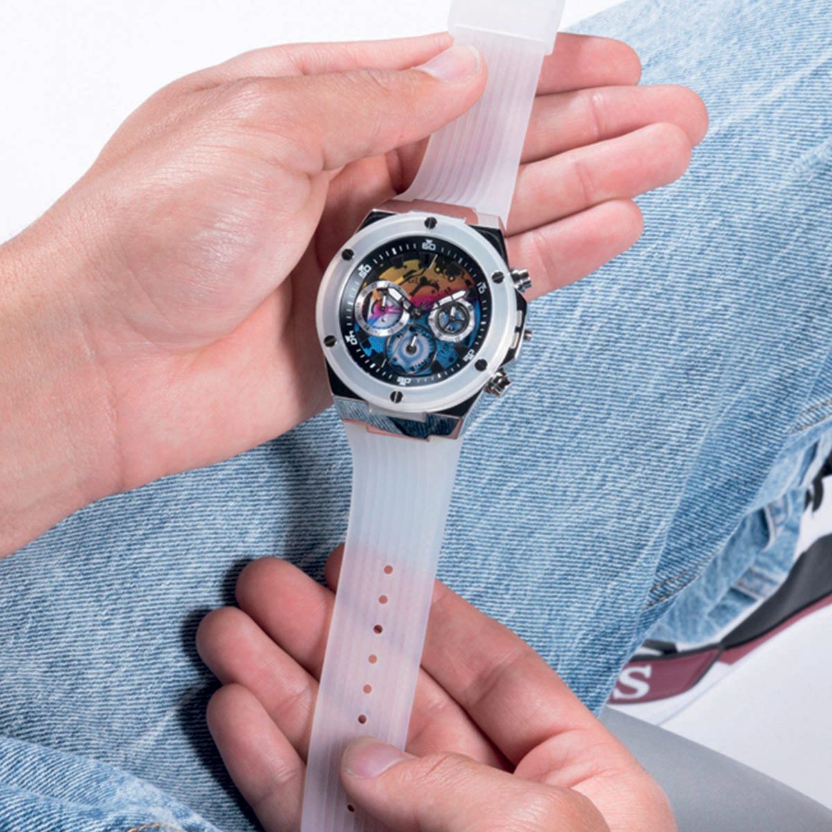 Guess Poseidon Chronograph Rainbow Dial White Silicone Strap Watch For Men - GW0425G4
