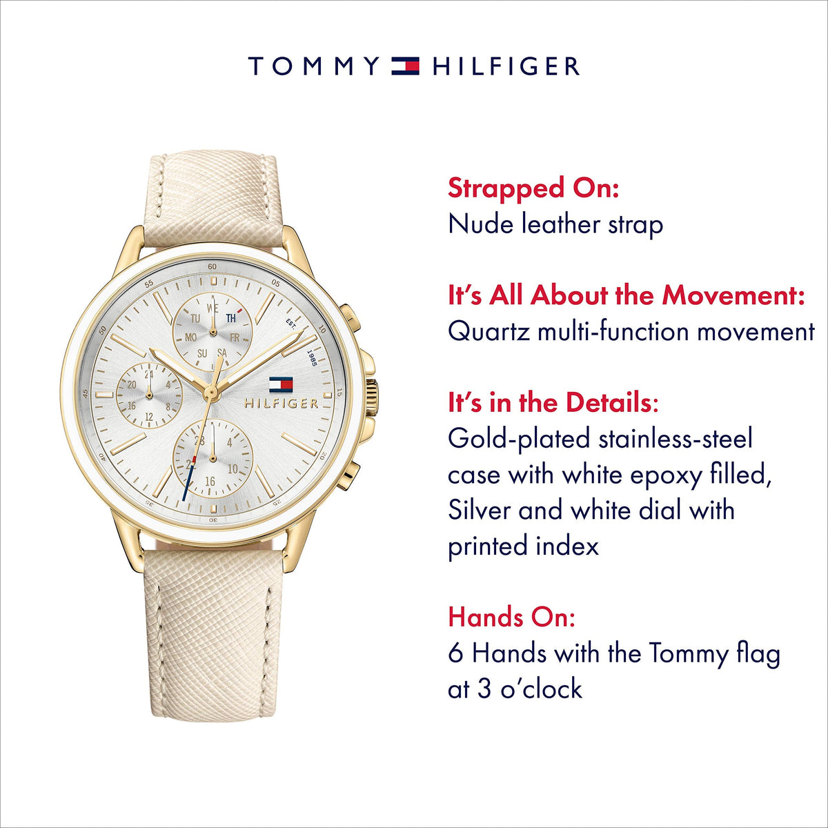 Tommy Hilfiger Carly Silver Dial Cream Leather Strap Watch for Women - 1781790