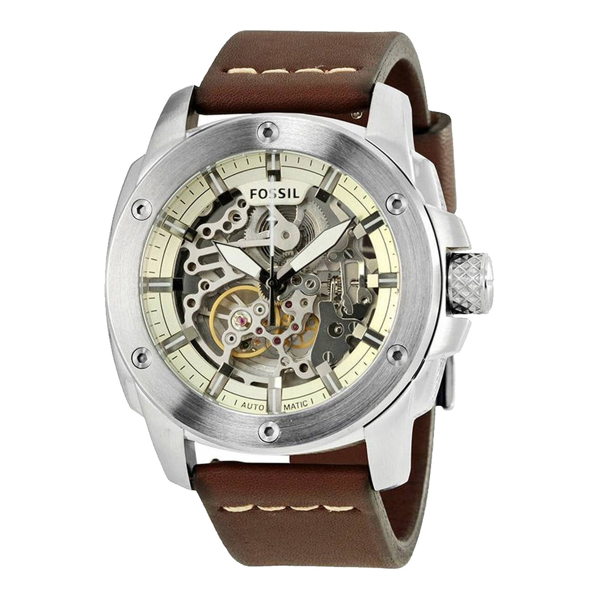 Fossil Modern Machine Automatic Skeleton White Dial Brown Leather Strap Watch for Women - ME3083