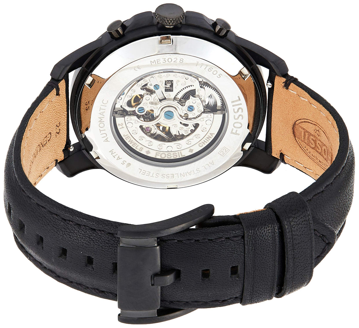 Fossil Grant Automatic Chronograph Black Dial Black Leather Strap Watch for Men - ME3028