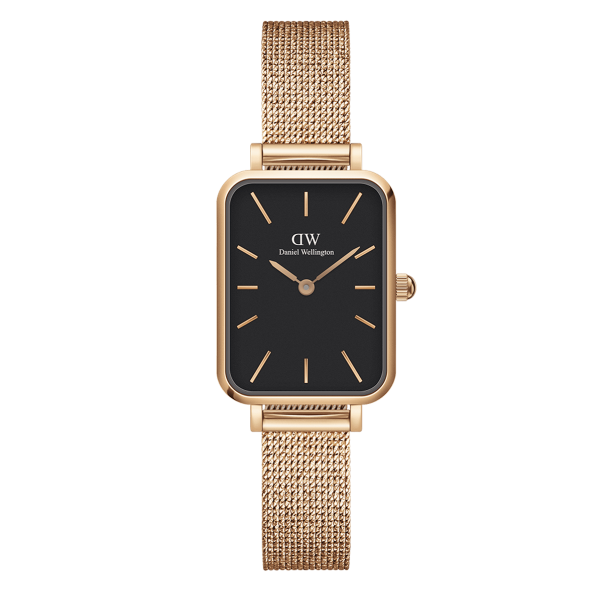 Daniel Wellington Quadro Melrose Black Dial Rose Gold Mesh Bracelet Watch For Women - DW00100432