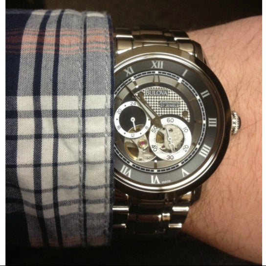 Bulova BVA Dual Aperture Black Dial Silver Steel Strap Watch for Men - 96A119