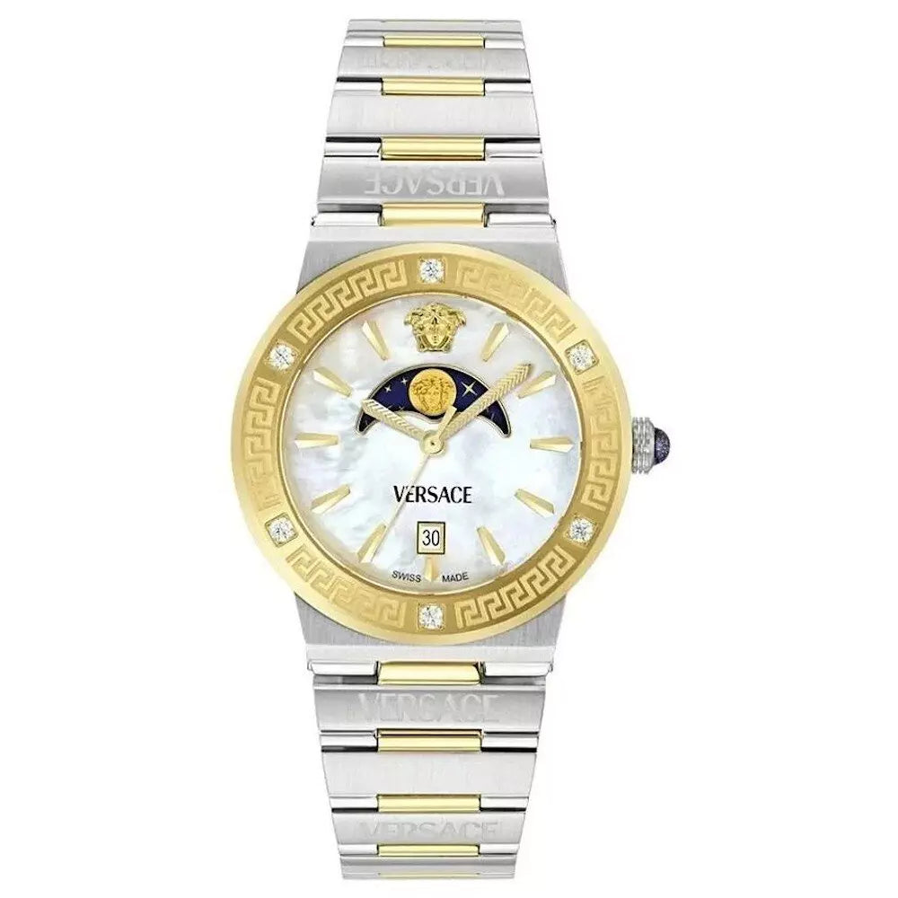 Versace Greca Logo Moonphase Mother of Pearl Dial Two Tone Steel Strap Watch for Women - VE7G00524