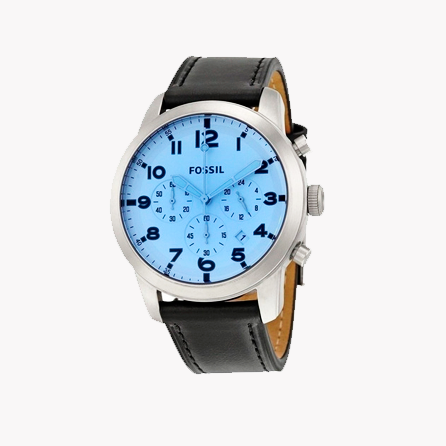Fossil Pilot Chronograph Sky Blue Dial Black Leather Strap Watch for Men - FS5162