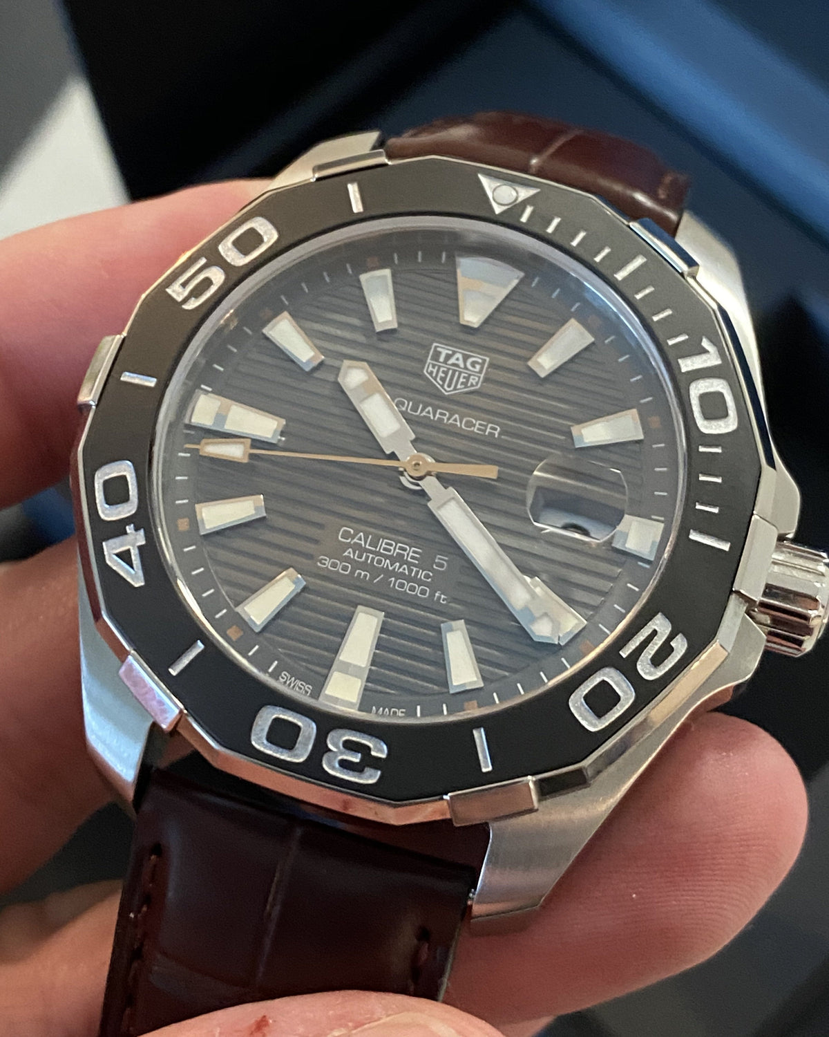Tag Heuer Aquaracer Caliber 5 Black Dial Brown Leather Strap Watch for Men - WAY201M.FC6474